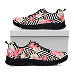 Zigzag Peony And Rose Pattern Print Black Sneakers