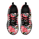 Zigzag Peony And Rose Pattern Print Black Sneakers