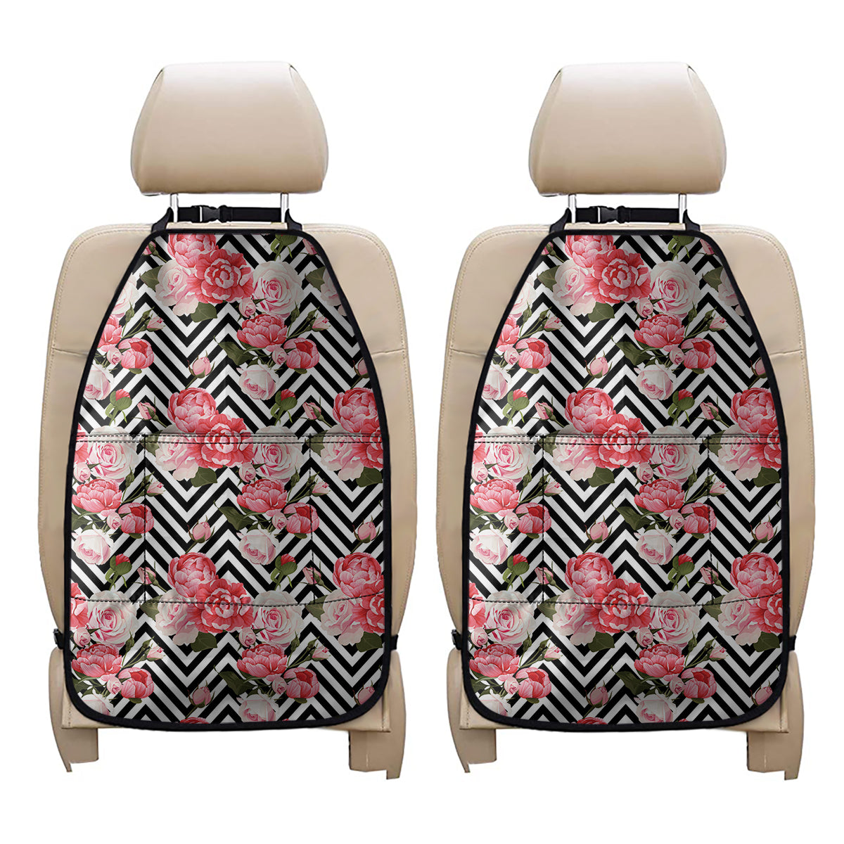 Zigzag Peony And Rose Pattern Print Car Seat Organizers