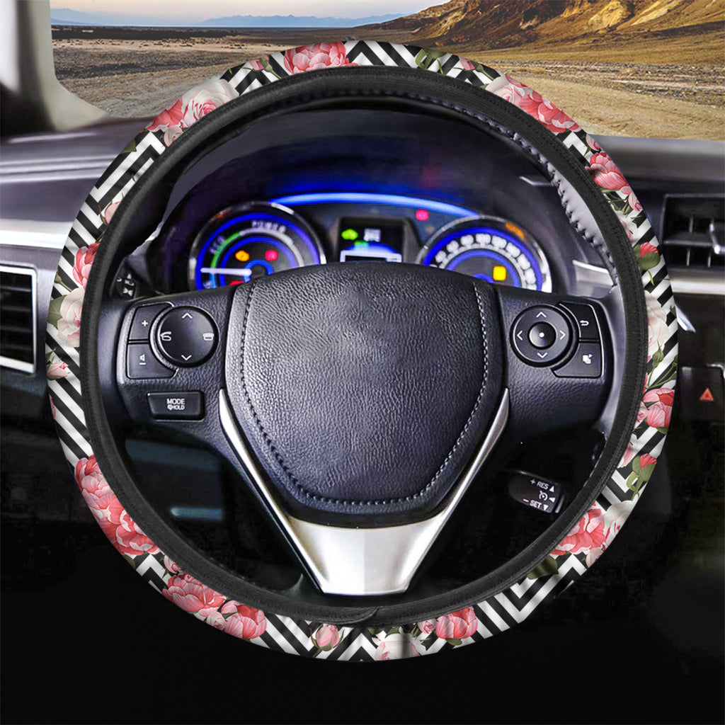 Zigzag Peony And Rose Pattern Print Car Steering Wheel Cover