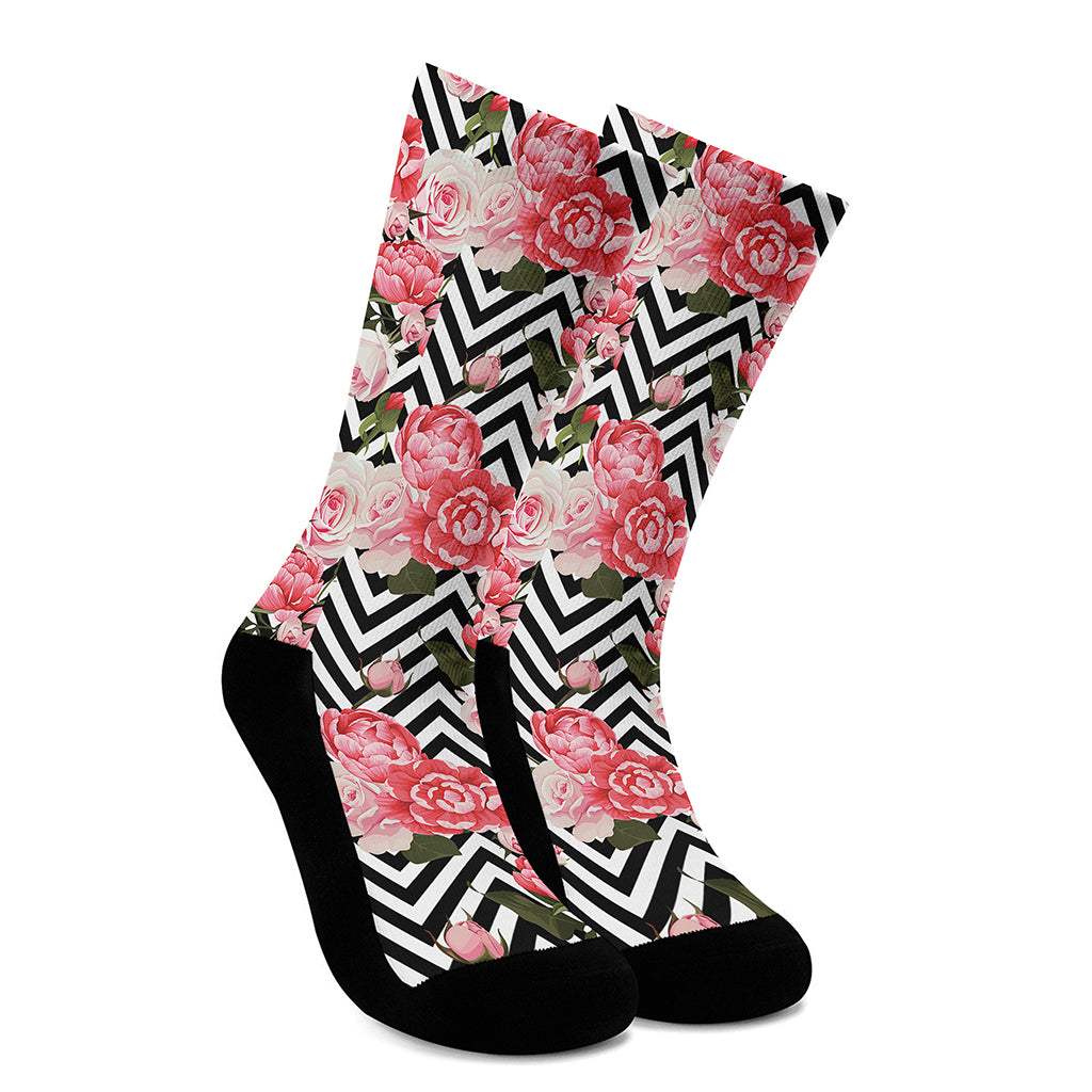 Zigzag Peony And Rose Pattern Print Crew Socks
