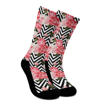 Zigzag Peony And Rose Pattern Print Crew Socks