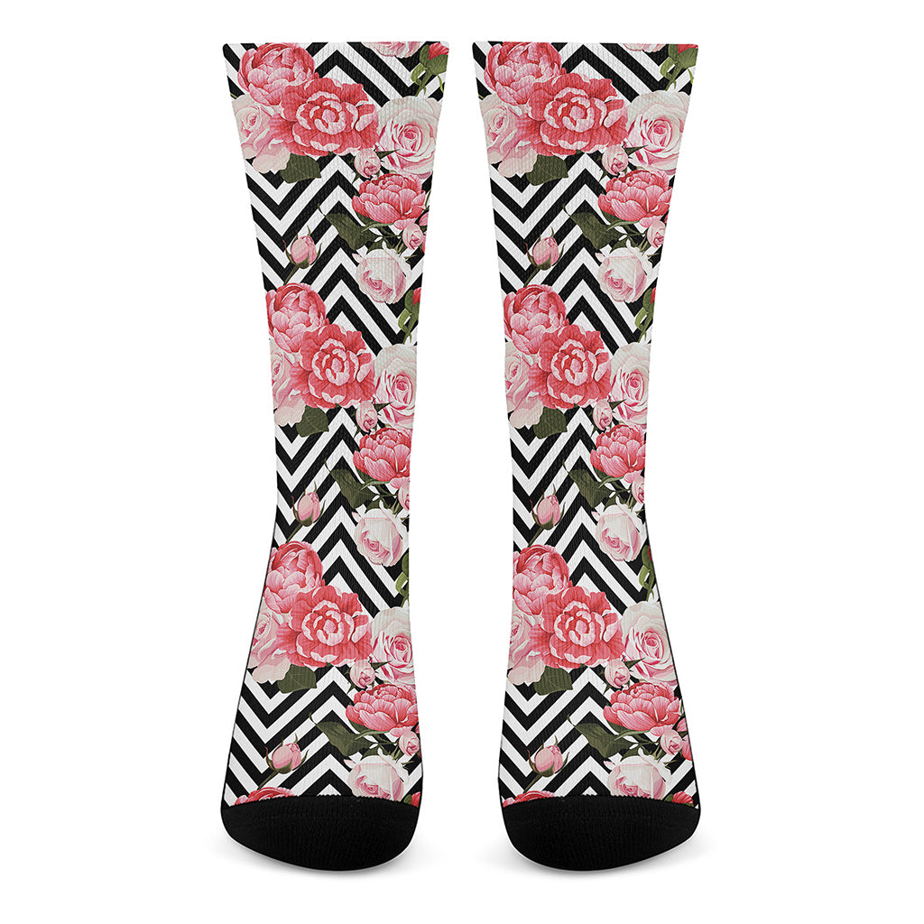 Zigzag Peony And Rose Pattern Print Crew Socks