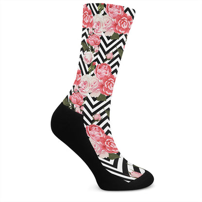 Zigzag Peony And Rose Pattern Print Crew Socks