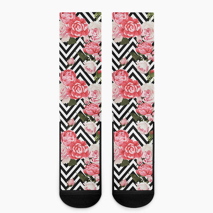 Zigzag Peony And Rose Pattern Print Crew Socks