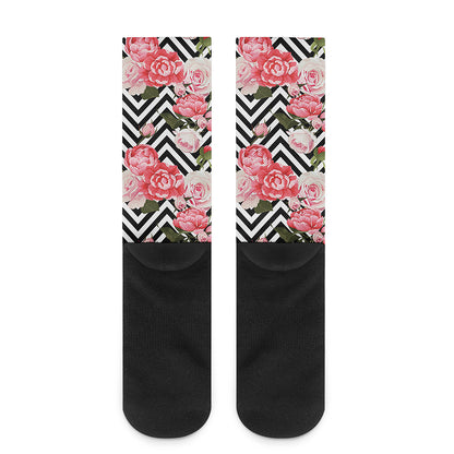 Zigzag Peony And Rose Pattern Print Crew Socks