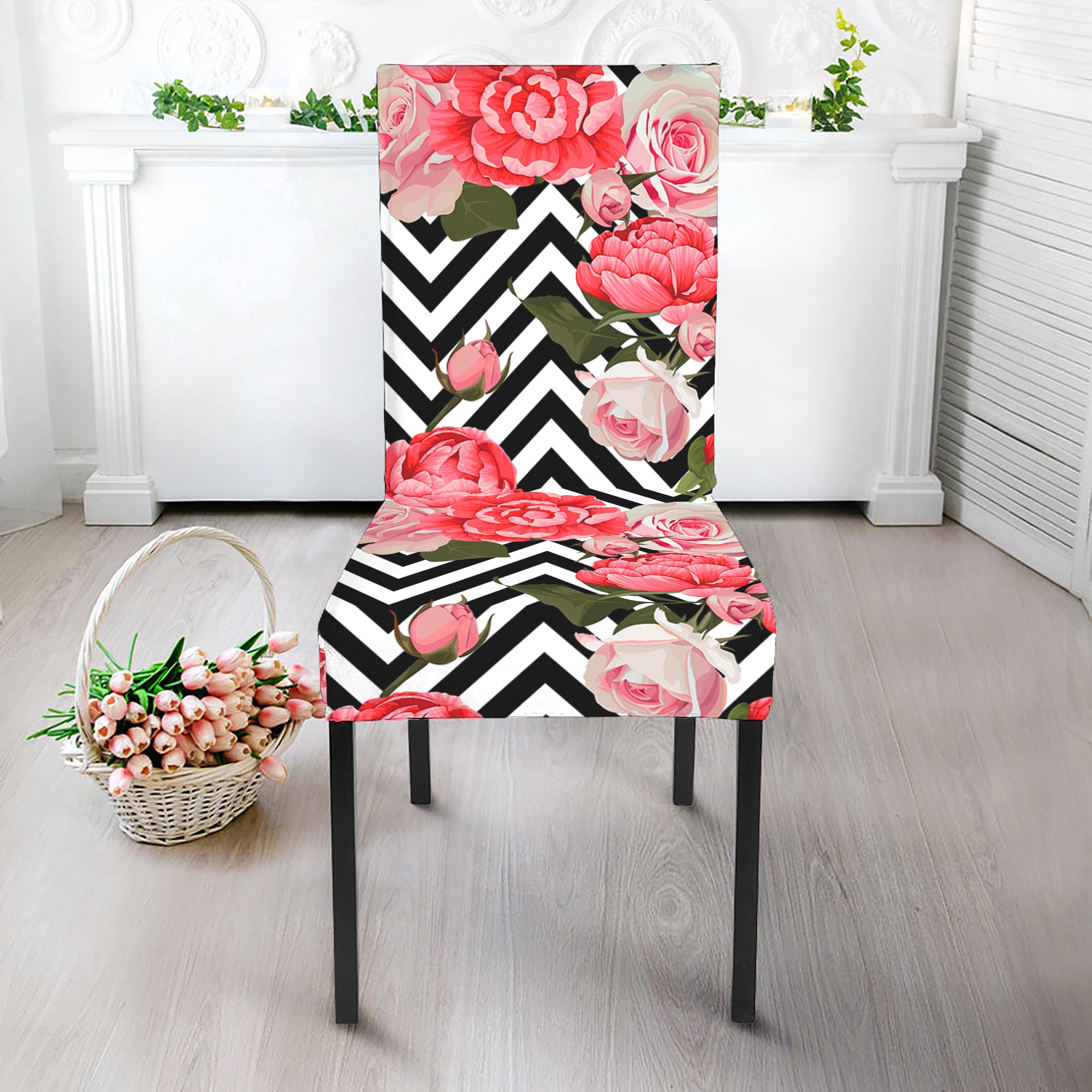 Zigzag Peony And Rose Pattern Print Dining Chair Slipcover