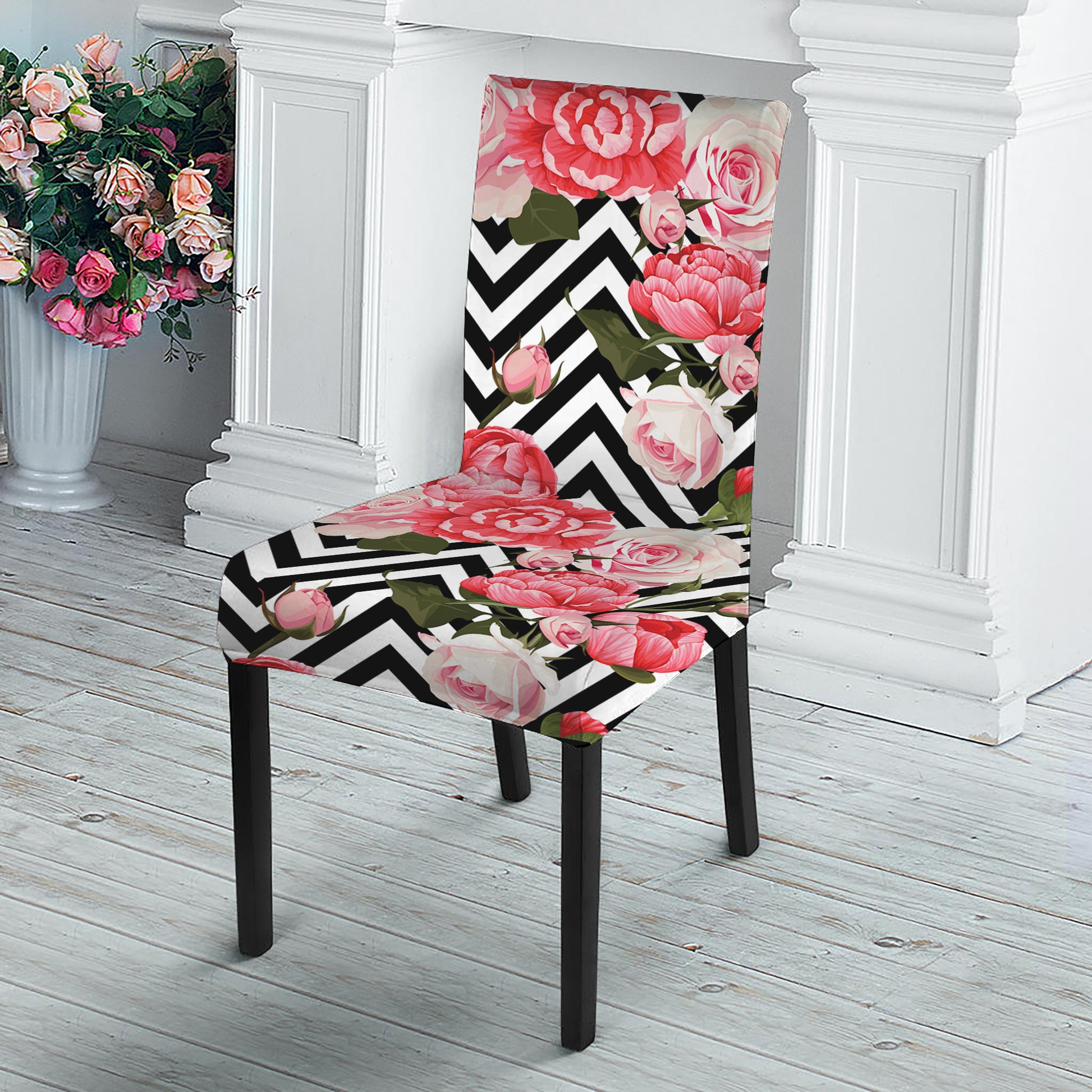 Zigzag Peony And Rose Pattern Print Dining Chair Slipcover
