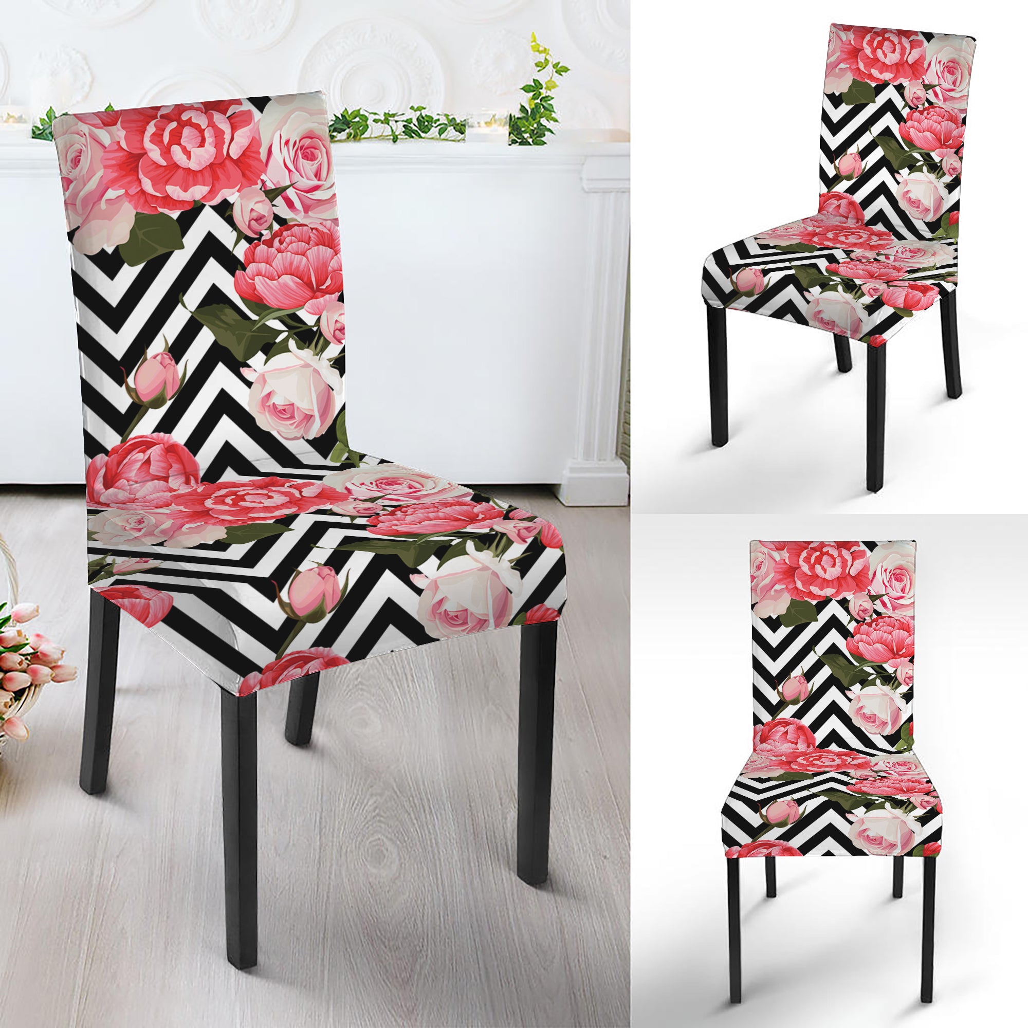 Zigzag Peony And Rose Pattern Print Dining Chair Slipcover
