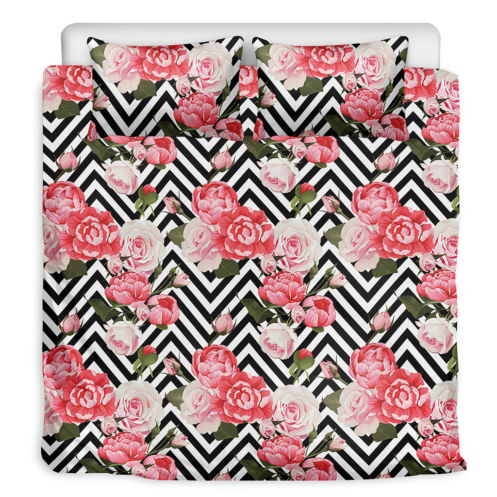 Zigzag Peony And Rose Pattern Print Duvet Cover Bedding Set