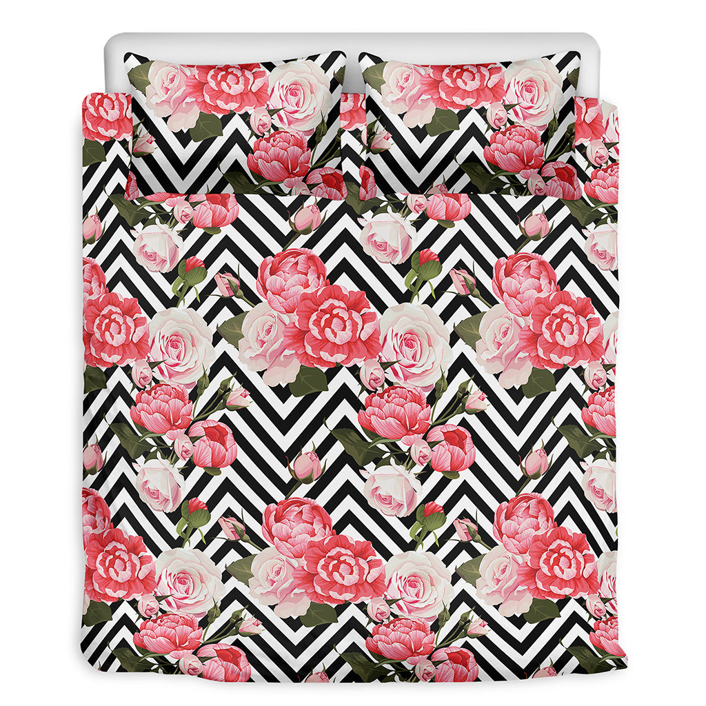 Zigzag Peony And Rose Pattern Print Duvet Cover Bedding Set
