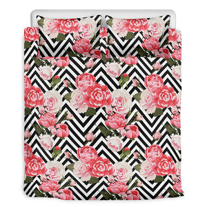 Zigzag Peony And Rose Pattern Print Duvet Cover Bedding Set