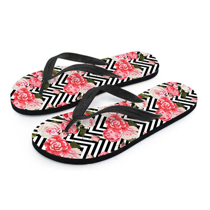 Zigzag Peony And Rose Pattern Print Flip Flops