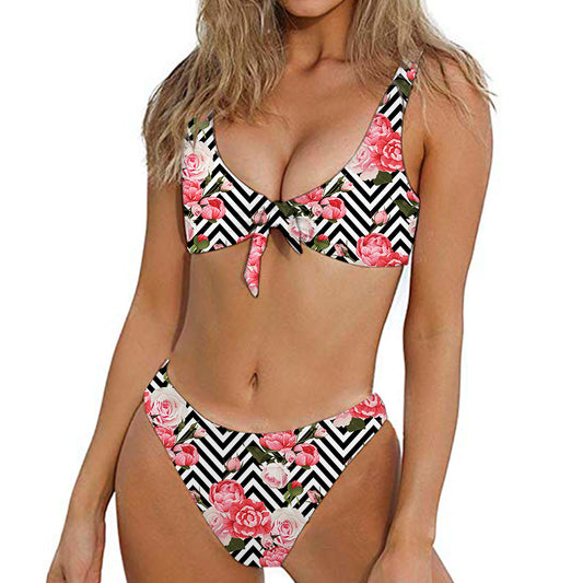 Zigzag Peony And Rose Pattern Print Front Bow Tie Bikini