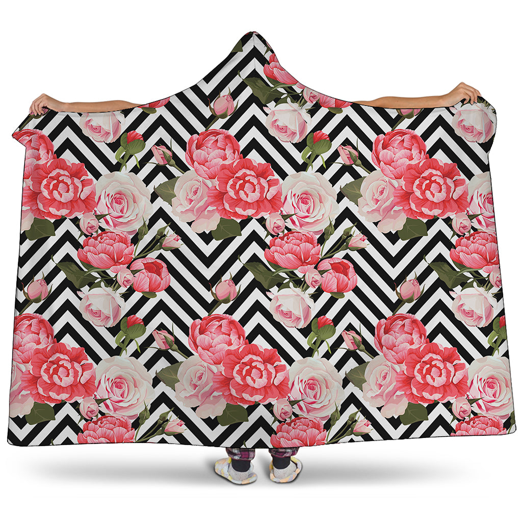 Zigzag Peony And Rose Pattern Print Hooded Blanket
