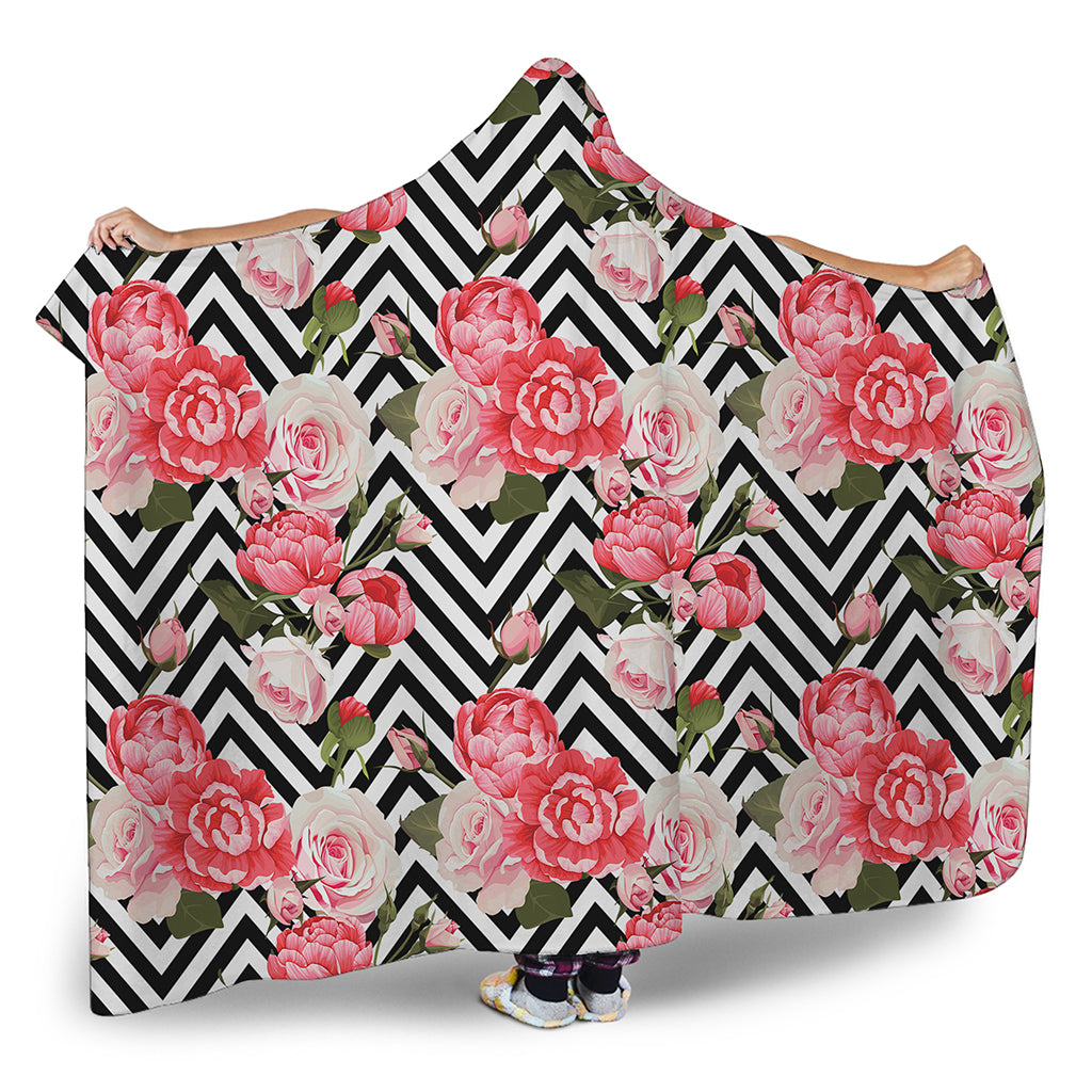 Zigzag Peony And Rose Pattern Print Hooded Blanket