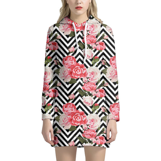 Zigzag Peony And Rose Pattern Print Hoodie Dress