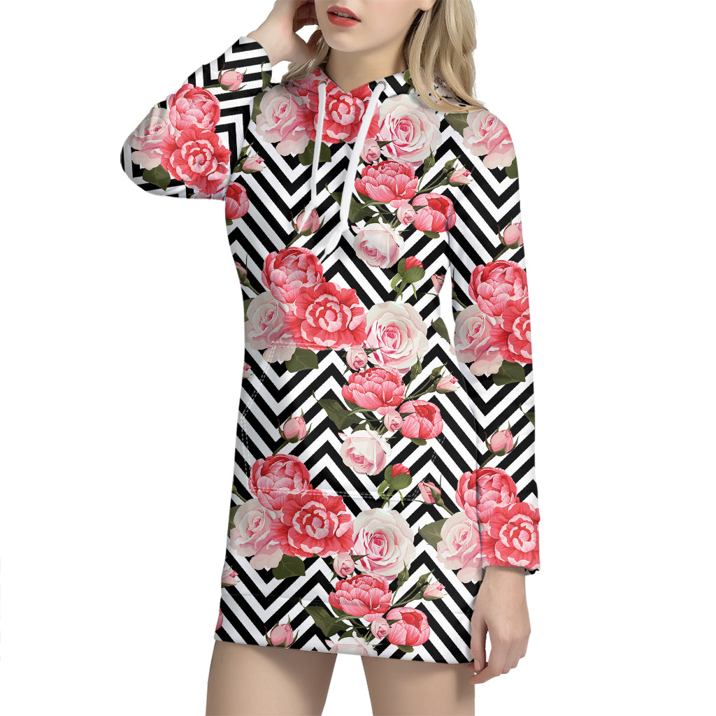 Zigzag Peony And Rose Pattern Print Hoodie Dress