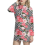 Zigzag Peony And Rose Pattern Print Hoodie Dress
