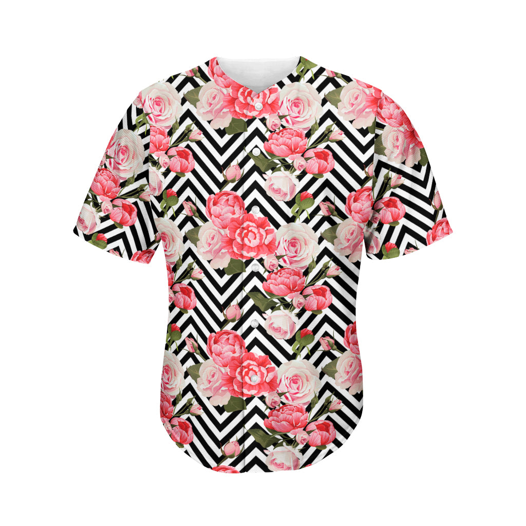 Zigzag Peony And Rose Pattern Print Men's Baseball Jersey