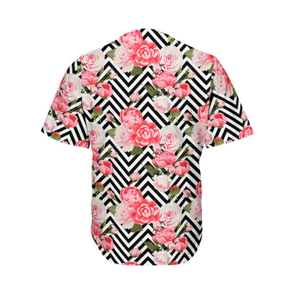 Zigzag Peony And Rose Pattern Print Men's Baseball Jersey