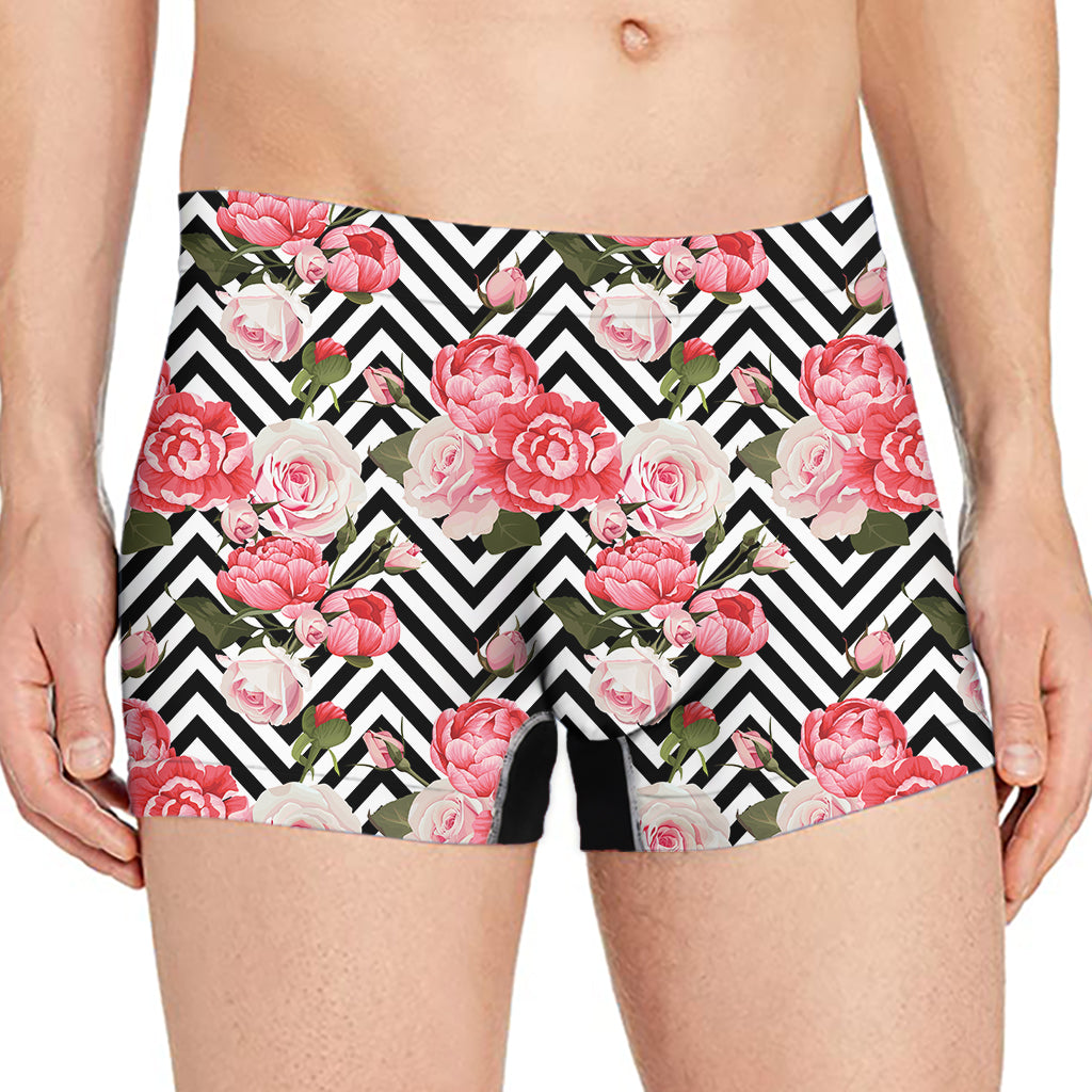 Zigzag Peony And Rose Pattern Print Men's Boxer Briefs