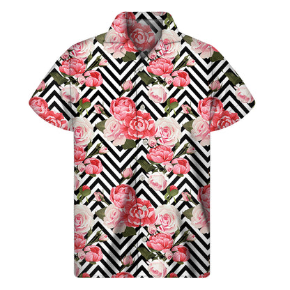 Zigzag Peony And Rose Pattern Print Men's Short Sleeve Shirt