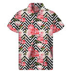 Zigzag Peony And Rose Pattern Print Men's Short Sleeve Shirt