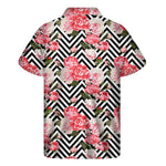 Zigzag Peony And Rose Pattern Print Men's Short Sleeve Shirt