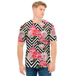 Zigzag Peony And Rose Pattern Print Men's T-Shirt
