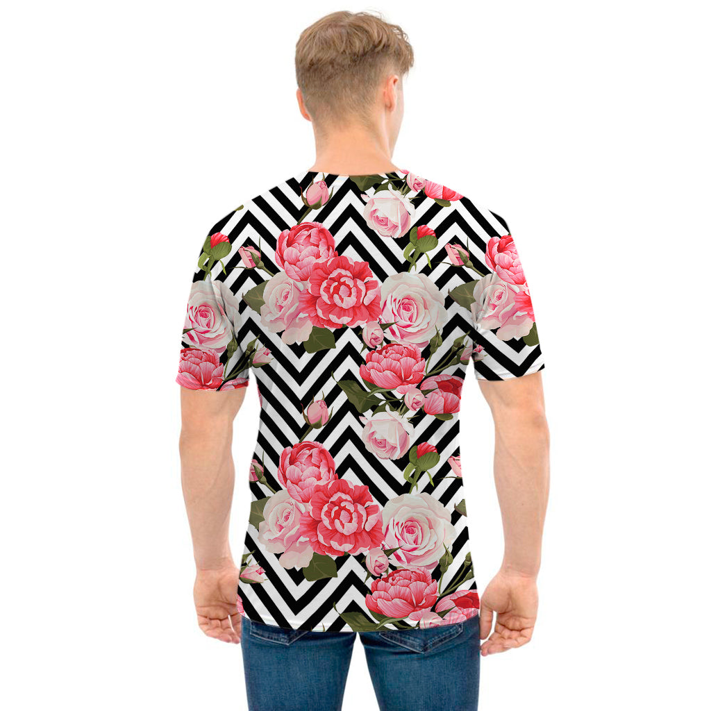 Zigzag Peony And Rose Pattern Print Men's T-Shirt
