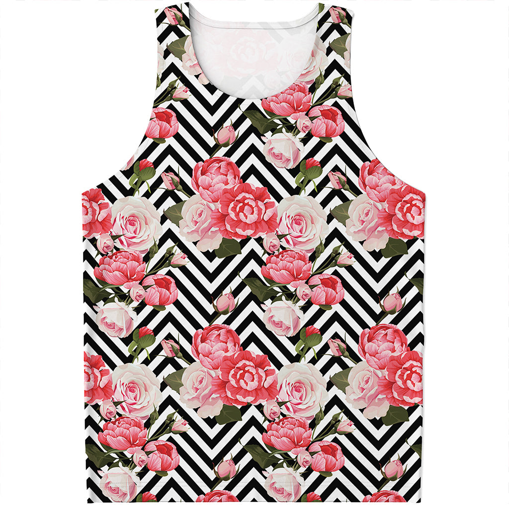 Zigzag Peony And Rose Pattern Print Men's Tank Top