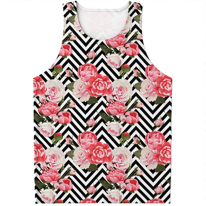 Zigzag Peony And Rose Pattern Print Men's Tank Top