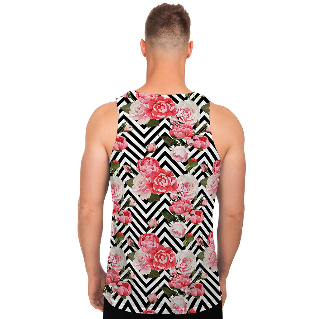 Zigzag Peony And Rose Pattern Print Men's Tank Top