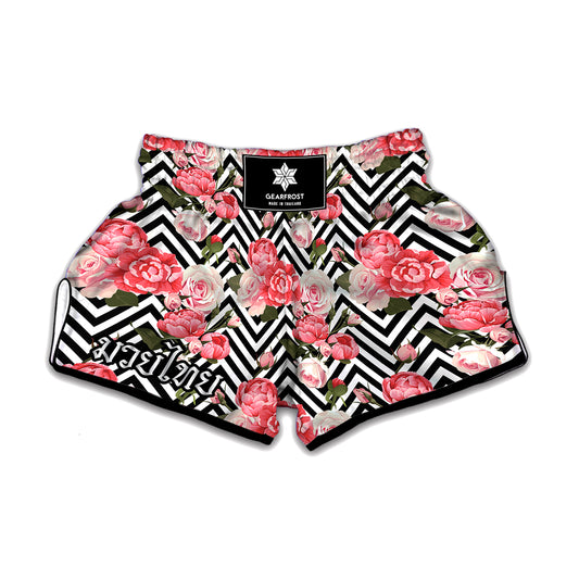 Zigzag Peony And Rose Pattern Print Muay Thai Boxing Shorts