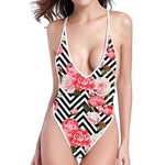 Zigzag Peony And Rose Pattern Print One Piece High Cut Swimsuit