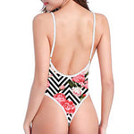 Zigzag Peony And Rose Pattern Print One Piece High Cut Swimsuit