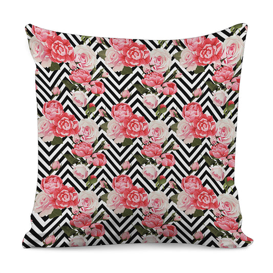 Zigzag Peony And Rose Pattern Print Pillow Cover