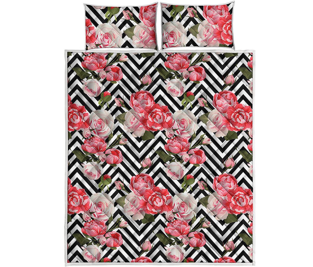 Zigzag Peony And Rose Pattern Print Quilt Bed Set