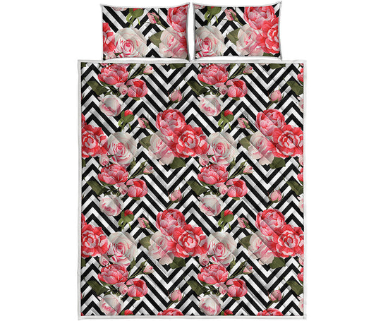 Zigzag Peony And Rose Pattern Print Quilt Bed Set