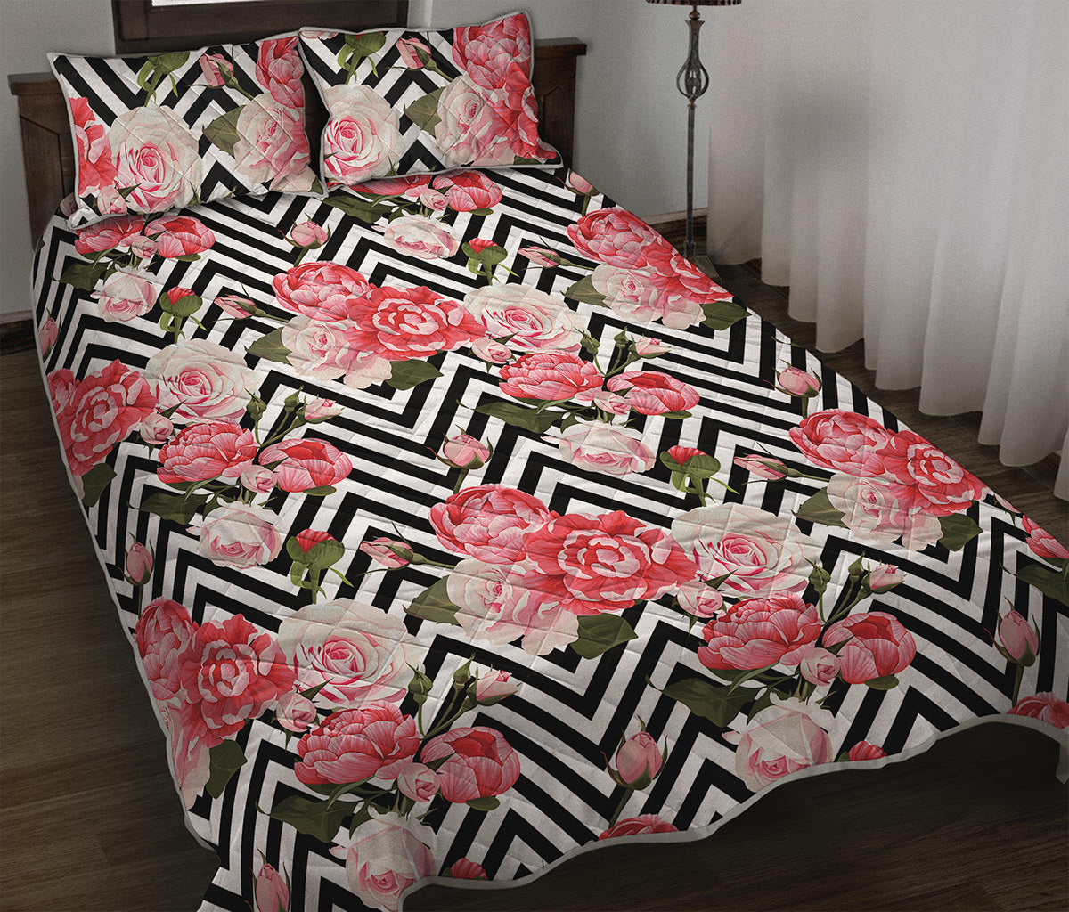 Zigzag Peony And Rose Pattern Print Quilt Bed Set