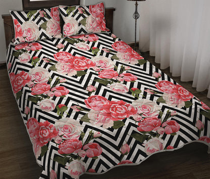 Zigzag Peony And Rose Pattern Print Quilt Bed Set