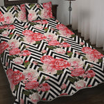 Zigzag Peony And Rose Pattern Print Quilt Bed Set