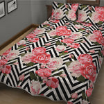 Zigzag Peony And Rose Pattern Print Quilt Bed Set