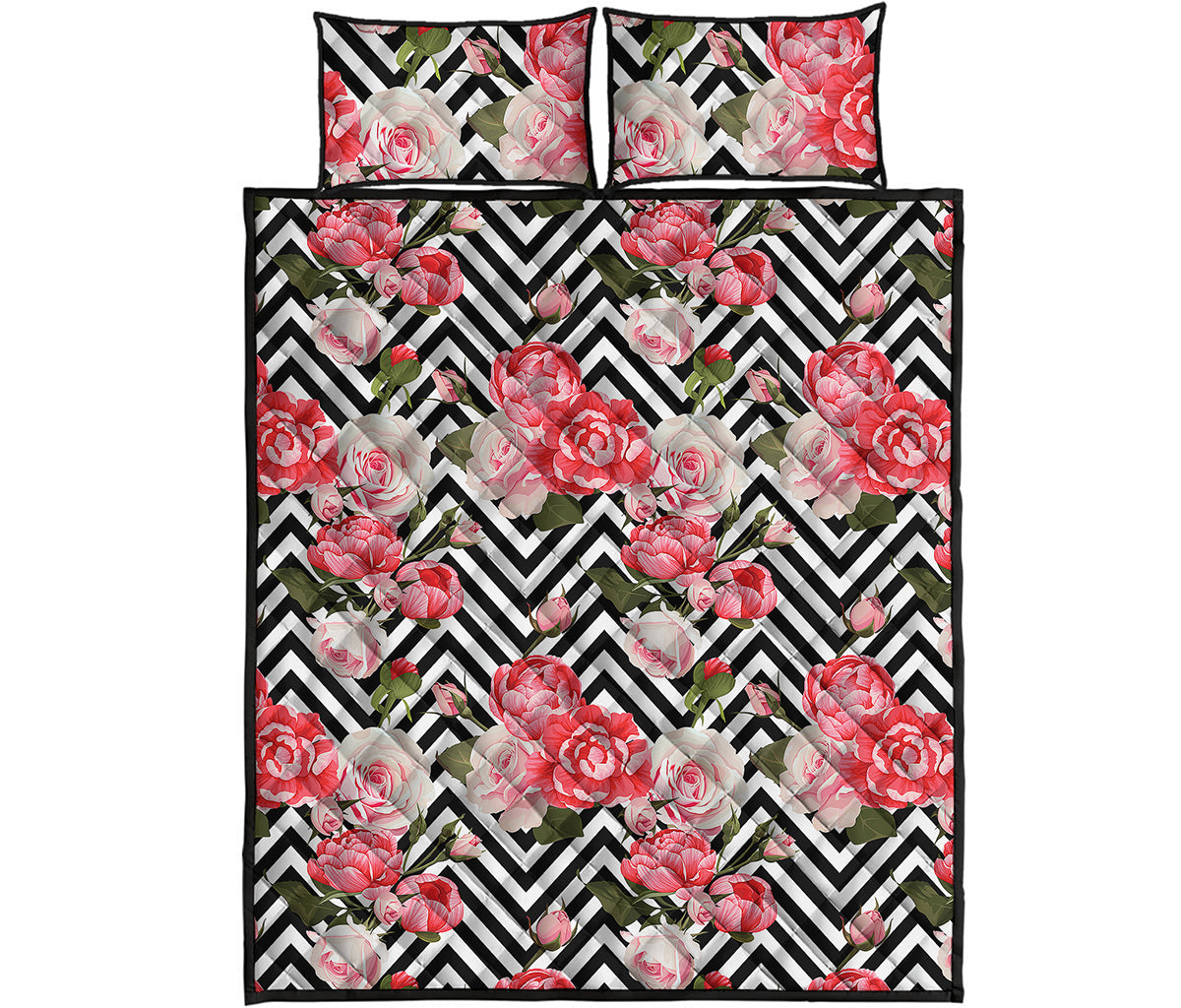 Zigzag Peony And Rose Pattern Print Quilt Bed Set