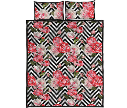 Zigzag Peony And Rose Pattern Print Quilt Bed Set