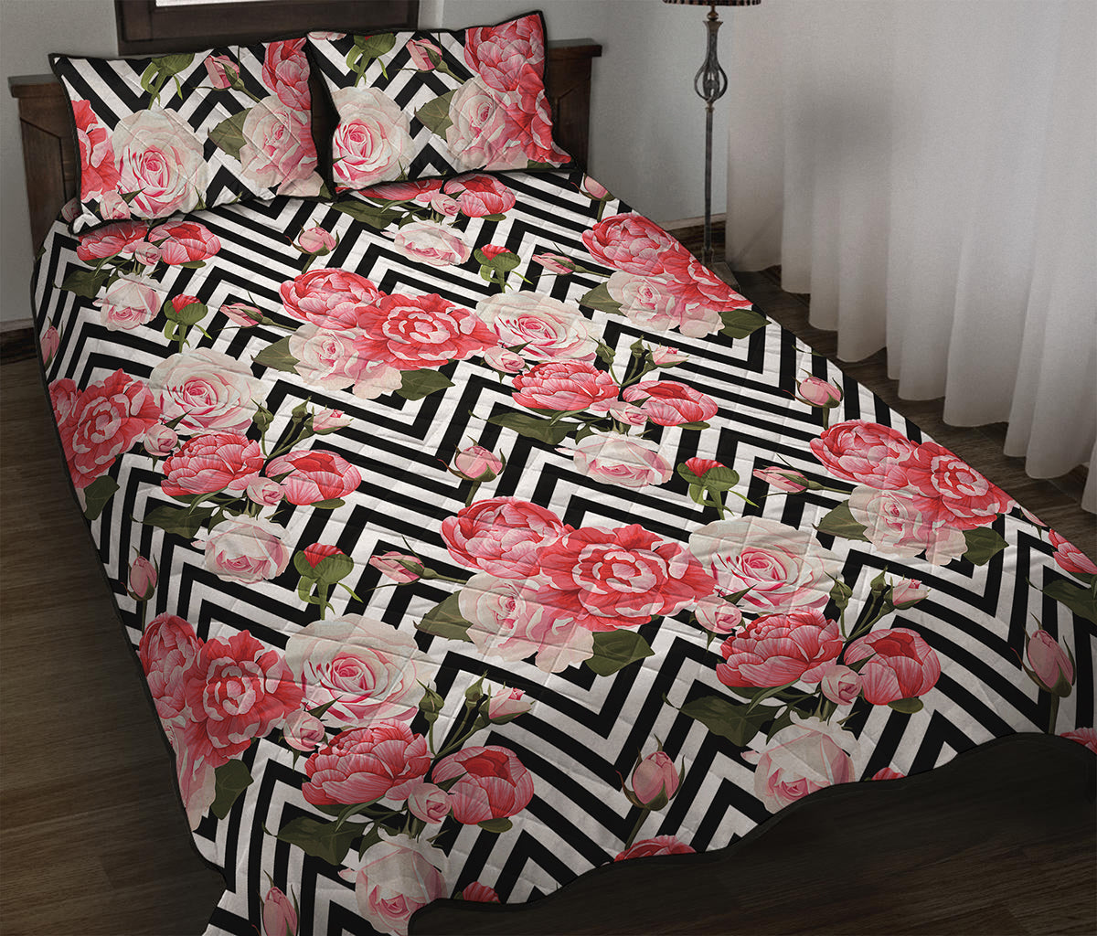 Zigzag Peony And Rose Pattern Print Quilt Bed Set
