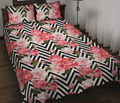 Zigzag Peony And Rose Pattern Print Quilt Bed Set