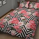 Zigzag Peony And Rose Pattern Print Quilt Bed Set