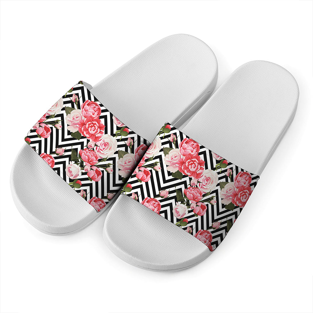 Zigzag Peony And Rose Pattern Print White Slide Sandals
